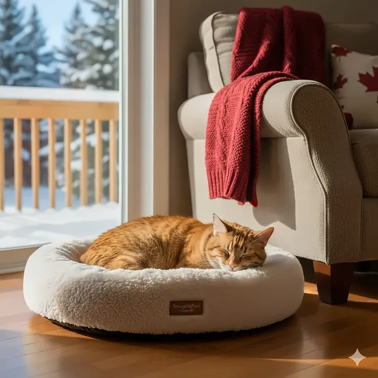 A cozy cat sleeping in a self-warming cat bed in a sunlit Canadian living room with snow visible through the window. cave bed vs donut bed cats