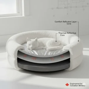 Diagram showing the heat-reflecting mylar layer of a self-warming cat bed capturing pet body heat.