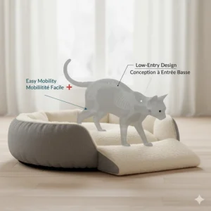 Illustration of a low-entry orthopedic bed designed for senior cats with limited mobility and arthritis.