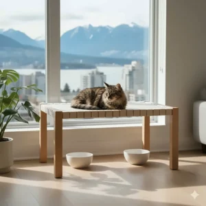Minimalist elevated cat bed designed for small space apartment living in Vancouver.