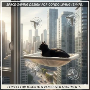 A space-saving cat window perch bed with industrial suction cups, ideal for Toronto or Vancouver condo living.