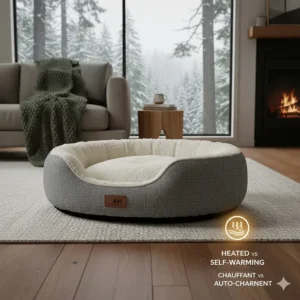 Modern interior-friendly heated vs self-warming cat bed designed for a contemporary Canadian home.