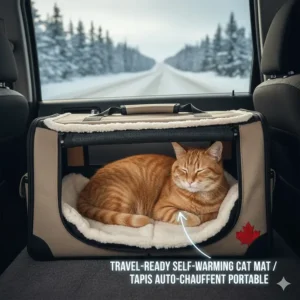 Portable self-warming cat bed mat inside a carrier for winter travel across Canada.
