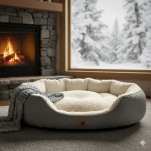 A cozy orthopedic cat bed with a faux-fur lining, ideal for Canadian winters and soothing arthritic joints.