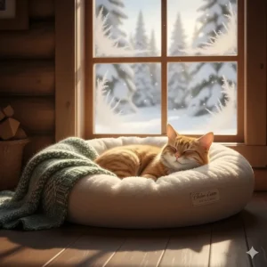 Illustration of a fluffy fleece cat bed under $50, ideal for keeping pets warm during Canadian winters.