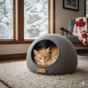 Insulated enclosed cat bed designed to keep pets warm during Canadian winter months.