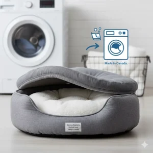 Diagram showing a machine-washable cat bed under $50, emphasizing easy care for Canadian pet owners.