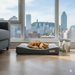 A modern, washable grey cat bed (lit pour chat) perfect for clean condo living in Montreal.