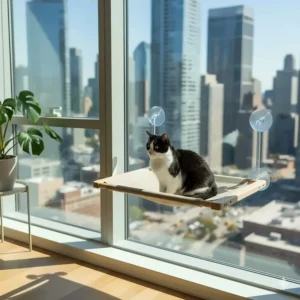 Space-saving window-mounted cat bed for apartment living to maximize floor space.