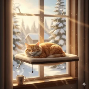 Digital art of a cat enjoying the low winter sun on a window perch bed with suction cups in a cozy Canadian home.