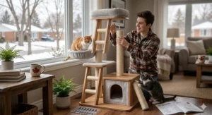 An illustration of an affordable cat tree (arbre à chat) featuring a Canadian flag icon, targeting the Quebec and national market.