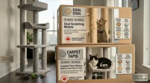 Cat tree box with bilingual English and French labels (sisal vs tapis) for the Canadian market.
