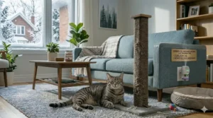 Illustration of a wall plug-in diffuser used to reduce feline stress and stop cat scratching furniture in a cozy den.