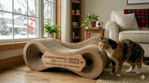 Illustration of a cardboard cat scratcher box featuring bilingual English and French text, representing Canadian market standards.