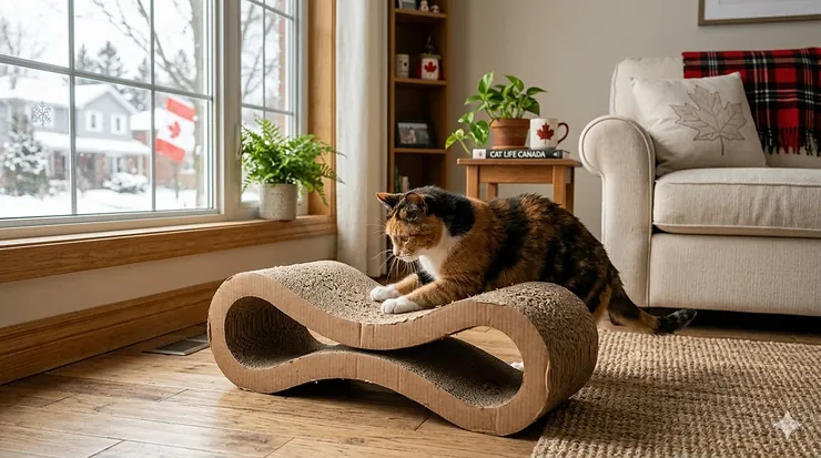 A domestic cat happily using a durable cardboard cat scratcher in a modern Canadian home with a maple leaf decor accent.