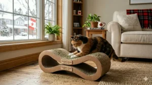 Illustration of a cat rolling on a cardboard scratcher sprinkled with organic catnip, a favorite for Canadian feline enrichment.