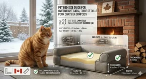 An overweight cat enjoying joint comfort on an orthopedic bed near a warm fireplace during a Canadian winter.