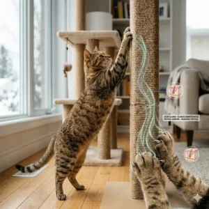 Illustration showing a cat's paw glands leaving scent marks on a vertical post to explain the biological need for scratching.