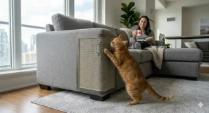 A photorealistic 4K photograph of a happy orange tabby cat scratching its sisal furniture saver while a smiling owner relaxes with a Canadian flag mug, capturing a "happy cat, happy home" moment.