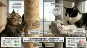 Diagram showing a cat choosing between sisal vs carpet textures for scratching and stretching.