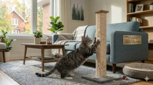 Infographic with bilingual tips in English and French on how to stop cat scratching furniture in Canadian homes.