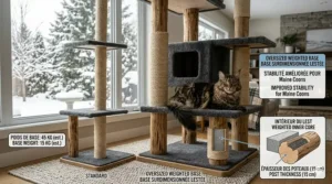 A side-by-side comparison of a standard base versus an oversized weighted base for large cat tree stability, labeled in English and French.