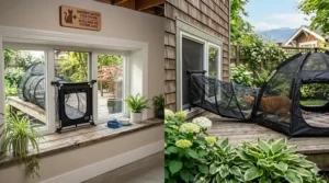 A cat entering a collapsible outdoor tunnel enclosure directly from a Canadian home's basement window.