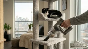 Illustration showing how to vacuum and clean a carpeted cat tree to remove pet dander and fur.