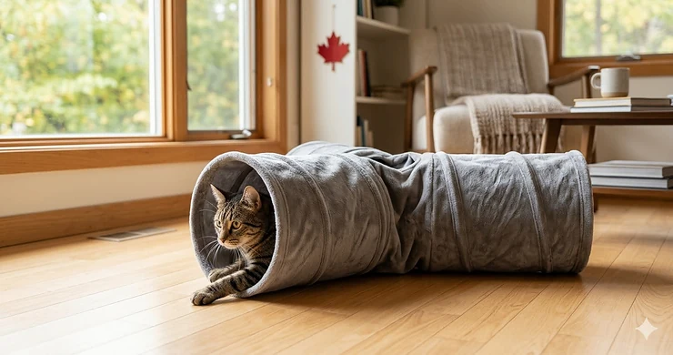 A tabby cat pouncing through a grey collapsible cat tunnel in a sunlit Canadian living room with a maple leaf decor accent.