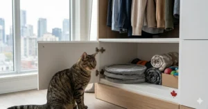 An illustration showing how the collapsible cat tunnel folds flat for easy storage in a compact Toronto-style condo.
