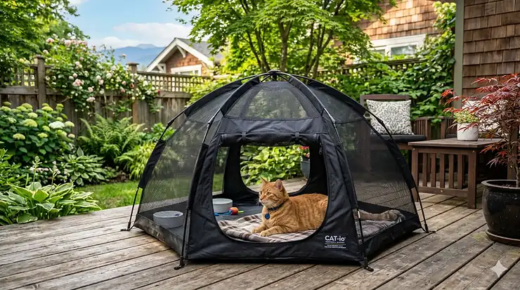 A ginger tabby cat lounging in a collapsible outdoor cat tunnel enclosure on a wooden deck in a Canadian backyard during summer.
