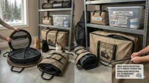 A side-by-side comparison showing a full-sized outdoor cat tunnel and its collapsed, compact form for easy winter storage.