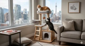 Illustration of a compact cat tree perfect for a small Toronto or Vancouver apartment under a 100 dollar budget.
