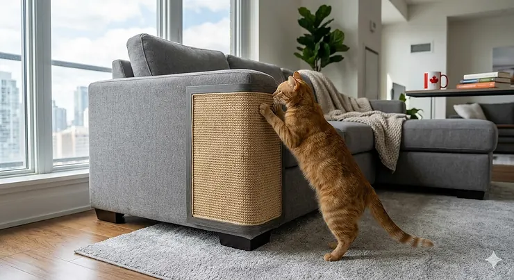 A high-definition photograph of a tabby cat using a natural sisal corner cat scratcher furniture saver on a grey couch in a bright, modern Toronto condo with floor-to-ceiling windows.