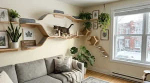Stylish cat wall walkway integrated with home decor and indoor plants in a cozy Montreal-style flat.