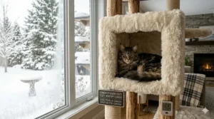 A large cat resting in a thick faux-fur lined cat condo, featuring a bilingual "Cozy Winter" plaque for the Canadian climate.