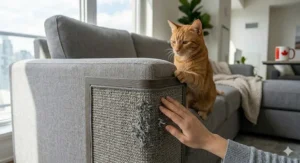A photorealistic 4K close-up photograph capturing the robust texture of a grey sisal corner cat scratcher furniture saver with visible scratch marks and a happy orange tabby cat, demonstrating resilience.