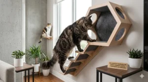 A heavy-duty modular cat wall system in a bright Toronto loft. A massive Maine Coon cat climbs robust, reinforced maple wood steps with industrial-strength felt. A decorative plaque on a side table reads, "SÉCURITÉ ET DURABILITÉ POUR GRANDS CHATS - FABRIQUÉ AU CANADA."