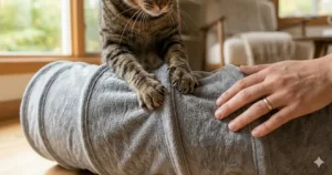 Close-up illustration of heavy-duty, scratch-resistant fabric on a collapsible cat tunnel designed for active Canadian pets.
