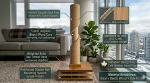 Close-up diagram of eco-friendly sisal rope and a weighted wooden base for a sturdy tall scratching post.