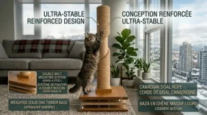 Simple assembly instructions for a tall scratching post with English and French labels for Canadian consumers.