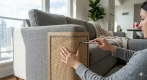 A photorealistic 4K close-up photograph illustrating a person's hands securing a grey sisal corner cat scratcher furniture saver to the base of a modern sectional sofa with integrated discreet screw clips.