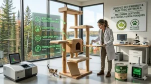 Artisan woodworker hand-planing eco-friendly Canadian maple timber for sustainable cat furniture in a professional workshop.