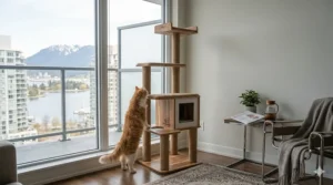 Sustainable wood cat tree apartment size suitable for eco-conscious Canadian pet owners.