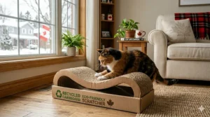 Illustration of a 100% recyclable cardboard cat scratcher, highlighting sustainable pet products for eco-conscious Canadian owners.