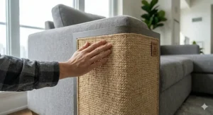 A photorealistic 4K close-up focusing on the natural, woven sisal fibers of a corner cat scratcher furniture saver, highlighting the eco-friendly, durable texture suitable for active Canadian pets.