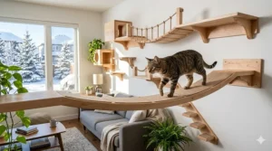Sustainable maple wood cat wall walkway featuring minimalist Canadian design aesthetics.