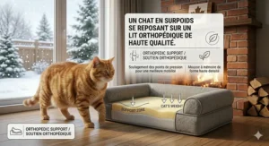A pet bed size guide for overweight cats showing recommended dimensions and foam thickness for maximum support.