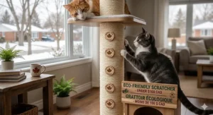 A delivery truck icon moving across a map of Canada, emphasizing free or low-cost shipping on cat trees under $100.