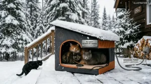 A group of feral cats seeking warmth in a safe winter shelter with a bilingual "Sécurité des Animaux" safety label.